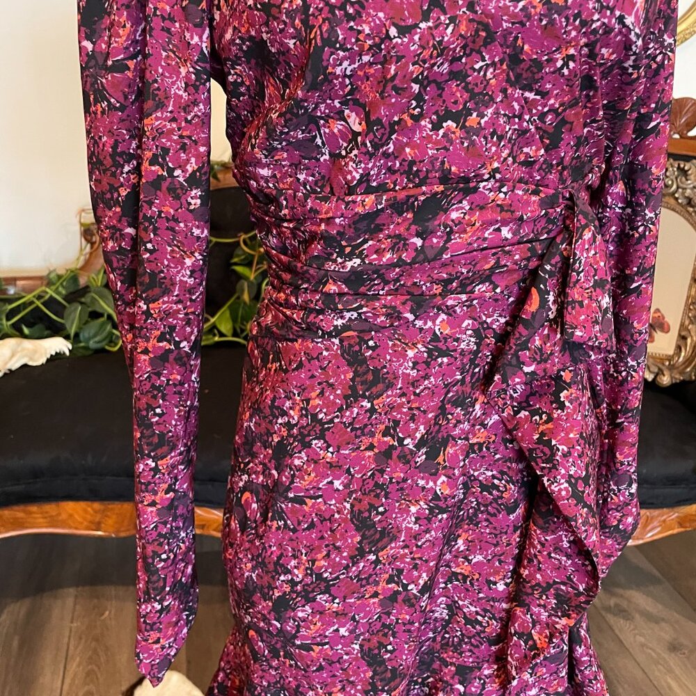 Parker Alison Floral Long Sleeve Ruffle A-Line Dress V-Neck Size 2 Purple - Picture 2 of 3